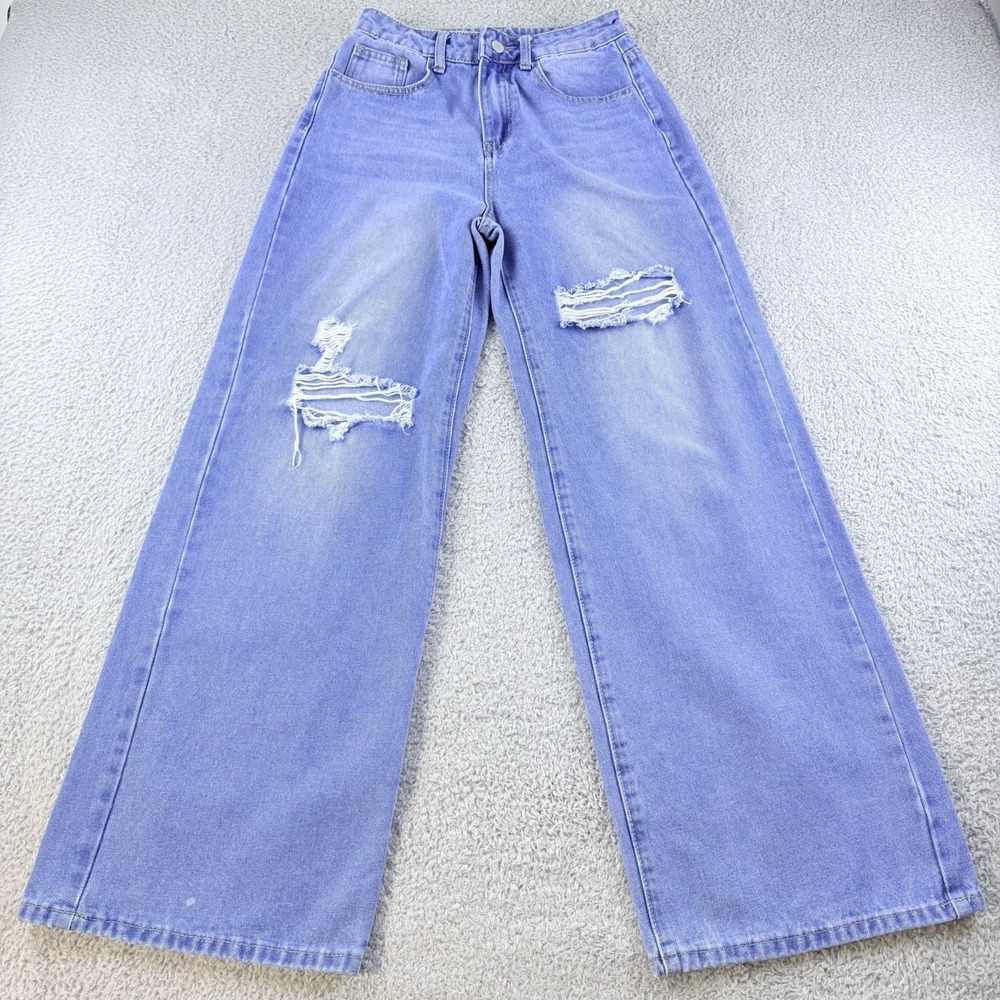 Distressed Wide Leg Jeans Womens XS Light Wash High Rise Baggy Skater Y2K